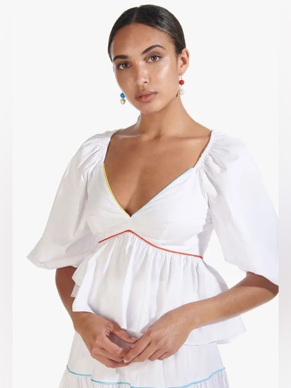 STAUD Dani White Peplum Puff-Sleeve Top with Multicolor Trim 6